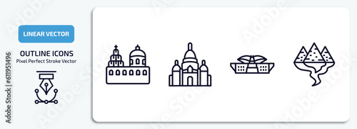 monuments outline icons set. monuments thin line icons pack included blue domed churches, , dpr/mpr building, egyptian vector. photo