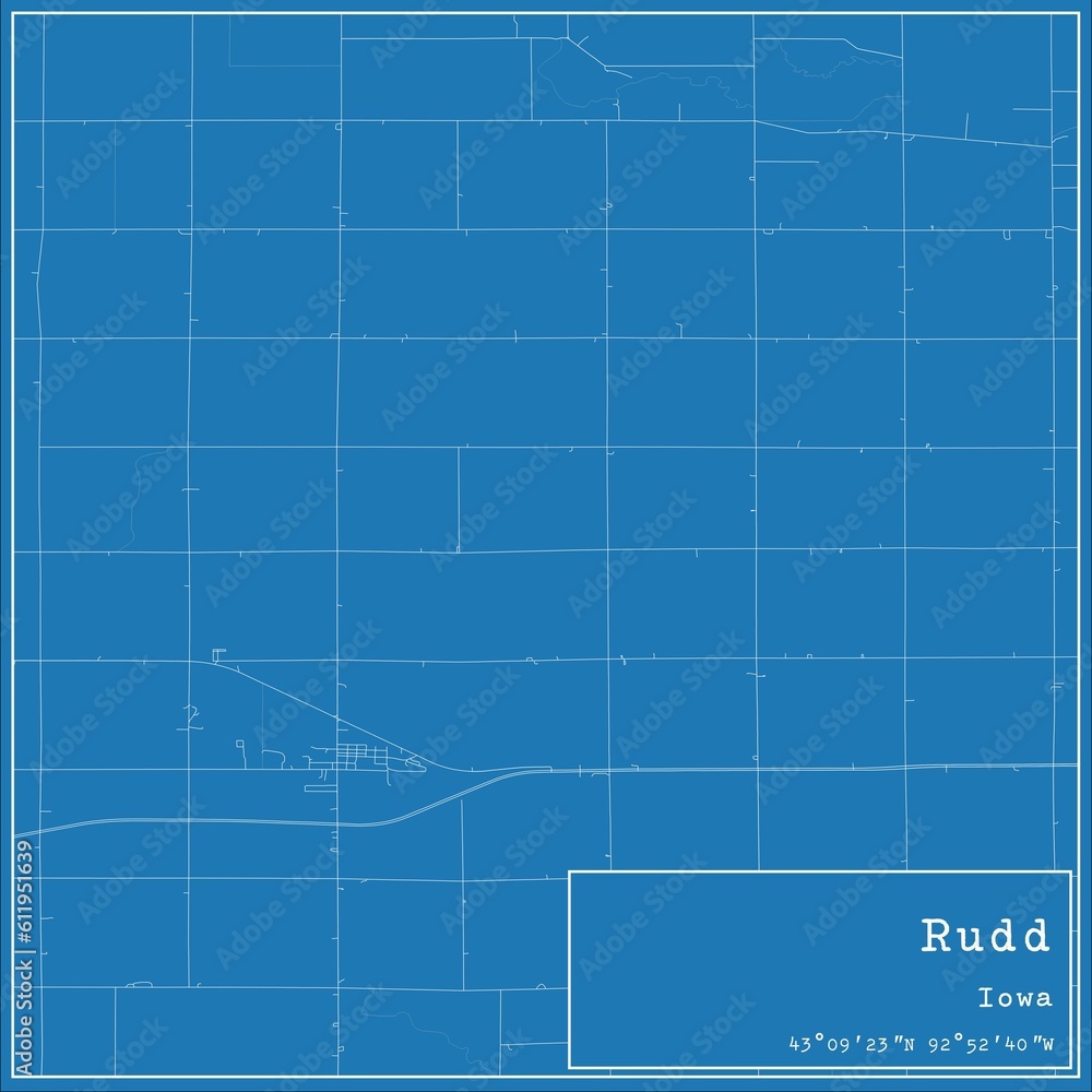 Blueprint US city map of Rudd, Iowa.