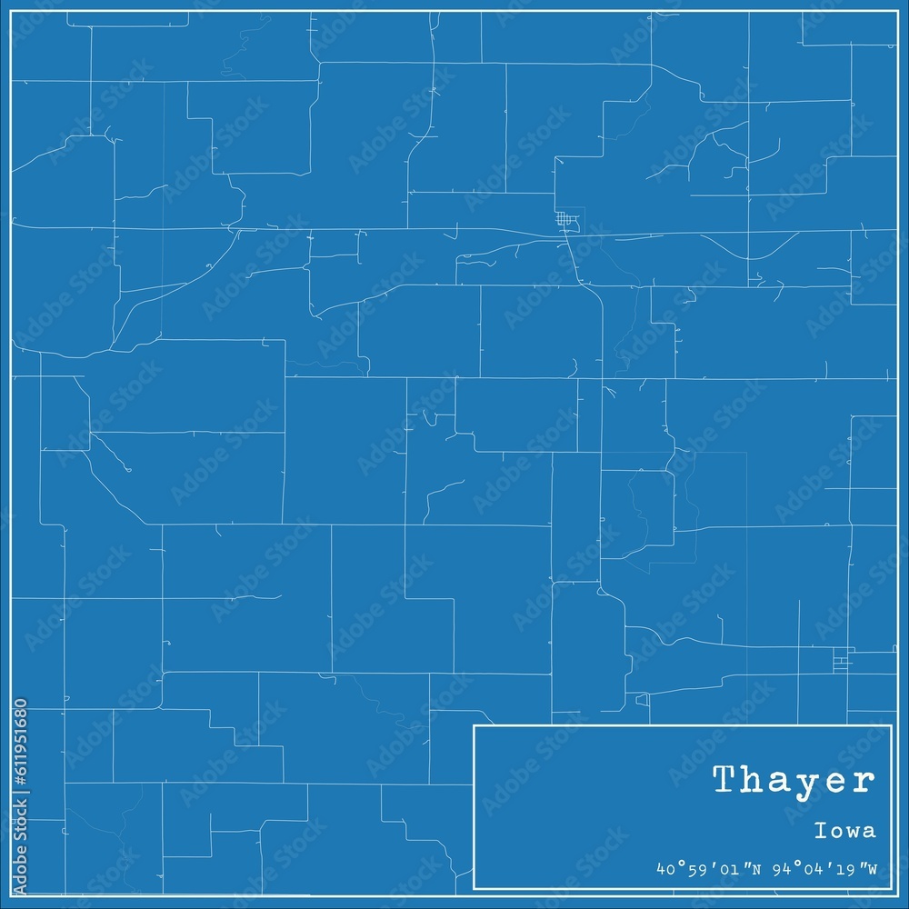 Blueprint US city map of Thayer, Iowa.