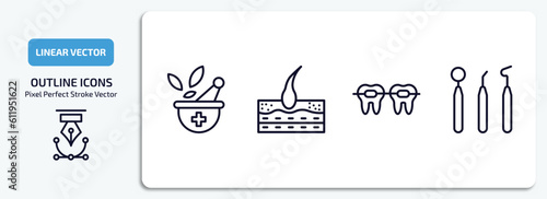 medical outline icons set. medical thin line icons pack included phary tool, epidermis, braces, dentist tool vector.