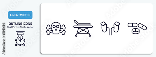 medical outline icons set. medical thin line icons pack included dead, hospital bed side view, adrenal gland, drug pills vector.