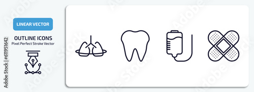 medical outline icons set. medical thin line icons pack included breath control, tooth, plasma, bandage cross vector.