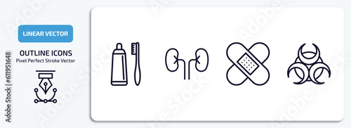 medical outline icons set. medical thin line icons pack included brush with tooth paste, kidney, plastering, biological warning vector.