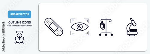 medical outline icons set. medical thin line icons pack included sticking plaster, eye scanner medical, perfusion, microscope tool vector.