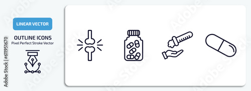 medical outline icons set. medical thin line icons pack included femur, medicine capsules, acid falling on hand, medical pill vector.