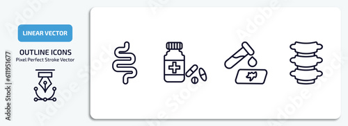 medical outline icons set. medical thin line icons pack included intestines, pills jar, blood analysis, vertebra vector.