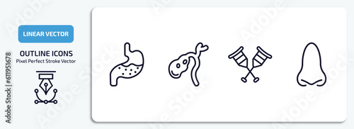 medical outline icons set. medical thin line icons pack included stoh, gallbladder, crutches couple, e vector.