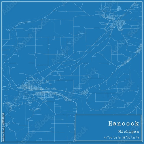 Blueprint US city map of Hancock, Michigan.