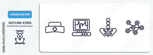 medical outline icons set. medical thin line icons pack included nurse cross, heart rate monitor, pelvic area, three hexagons cell vector.
