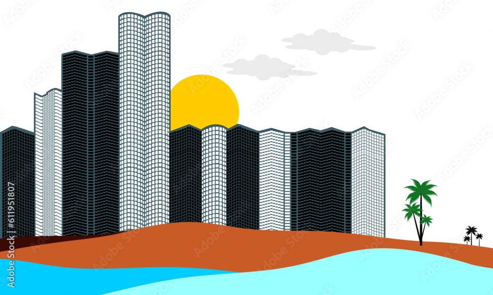 Vector Of Highest Buildings On The Beach In Sunset, Transparent Background.