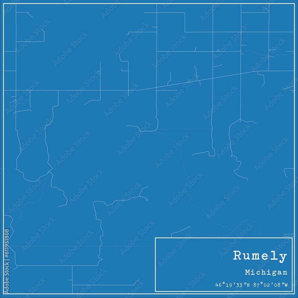 Blueprint US city map of Rumely, Michigan.