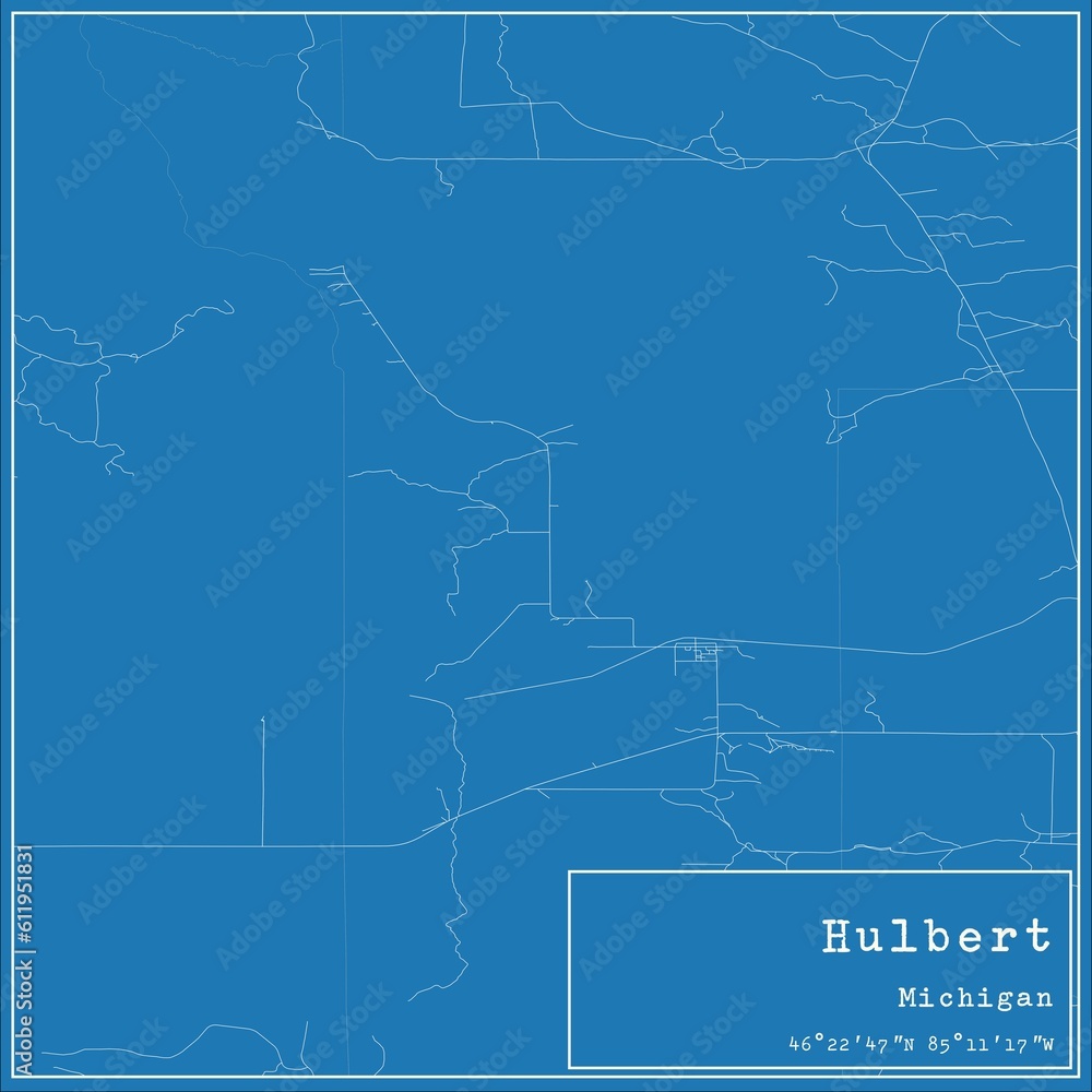 Blueprint US city map of Hulbert, Michigan.