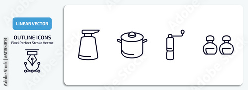 kitchen collection. outline icons set. kitchen collection. thin line icons pack included soap dispenser, saucepan, coffee grinder, seasoning vector.