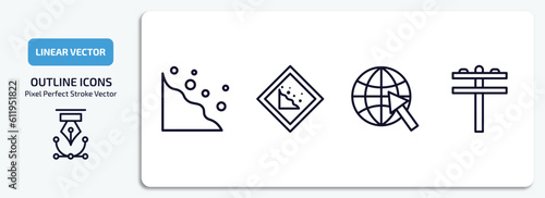 maps and flags collection. outline icons set. maps and flags collection. thin line icons pack included rock landslide safety, land slide, arrow on globe, pole vector.
