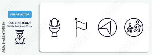 maps and flags outline icons set. maps and flags thin line icons pack included toilets, plain flag, navigate, school zone vector.