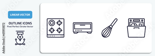 kitchen outline icons set. kitchen thin line icons pack included stove, bun warmer, beater, dishwasher vector.
