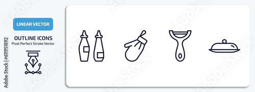 kitchen outline icons set. kitchen thin line icons pack included sauces, kitchen mitten, peeler, platter vector.