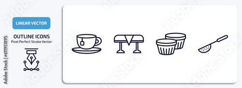kitchen outline icons set. kitchen thin line icons pack included tea cup, tablecloth, custard cup, sugar sifter vector.