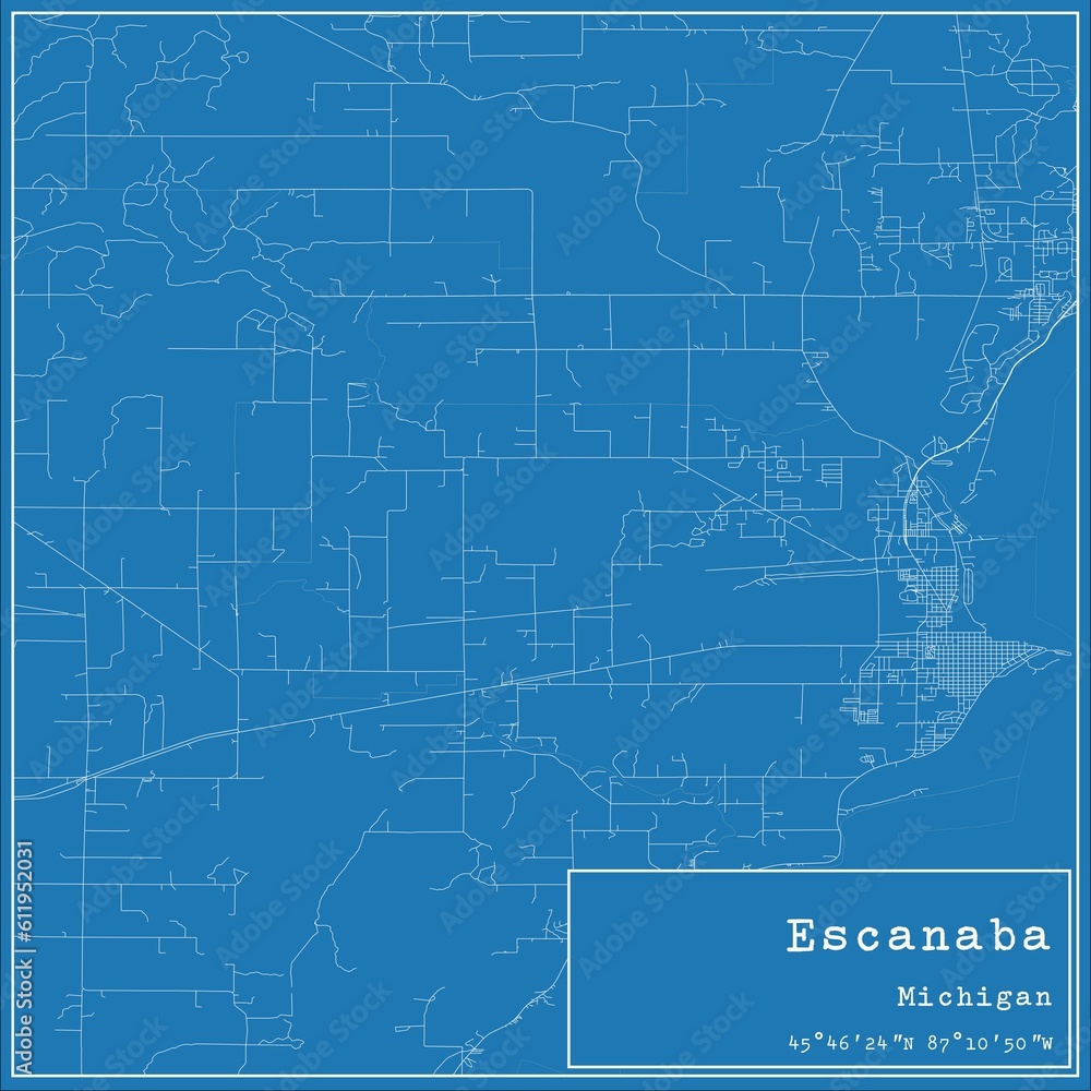 Blueprint US city map of Escanaba, Michigan.