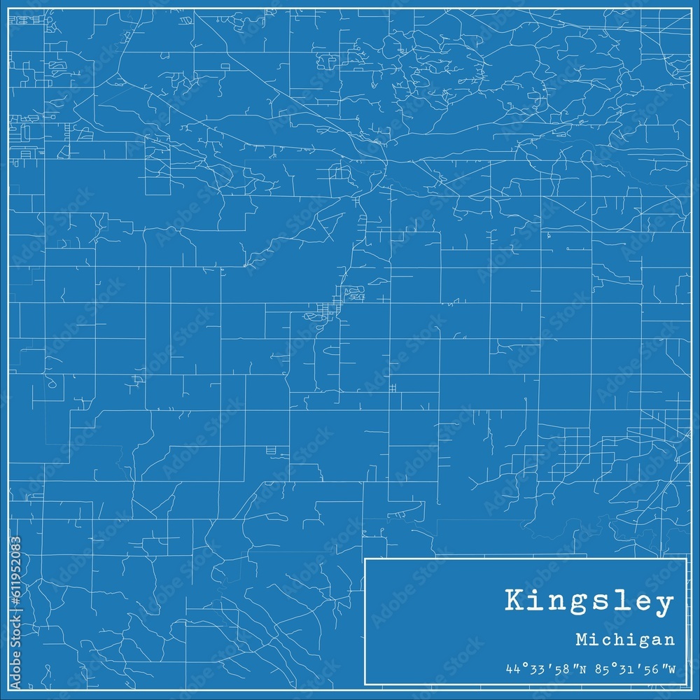 Fototapeta premium Blueprint US city map of Kingsley, Michigan.