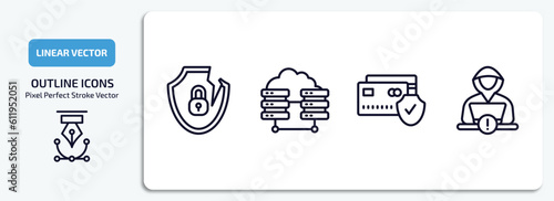 internet security outline icons set. internet security thin line icons pack included internet attack, virtualization, credit card security, hacker vector.