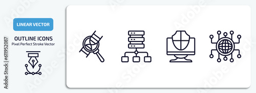 internet security outline icons set. internet security thin line icons pack included medical research, proxy server, computer security, network conection vector.