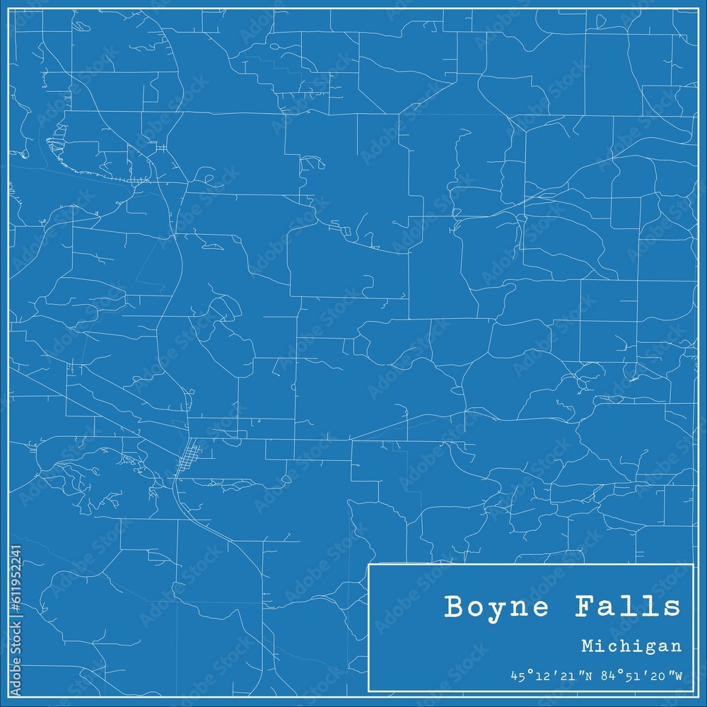 Blueprint US city map of Boyne Falls, Michigan.