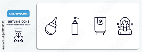 hygiene outline icons set. hygiene thin line icons pack included l aspirator, pump bottle, water heater, face washer vector.