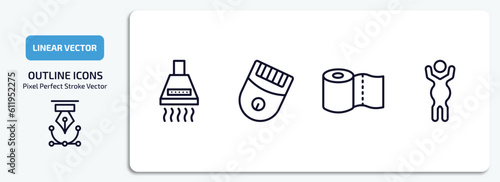 hygiene outline icons set. hygiene thin line icons pack included extractor, epilator, paper towel, body shaming vector.