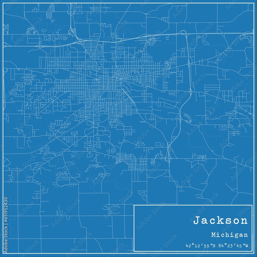 Blueprint US city map of Jackson, Michigan.