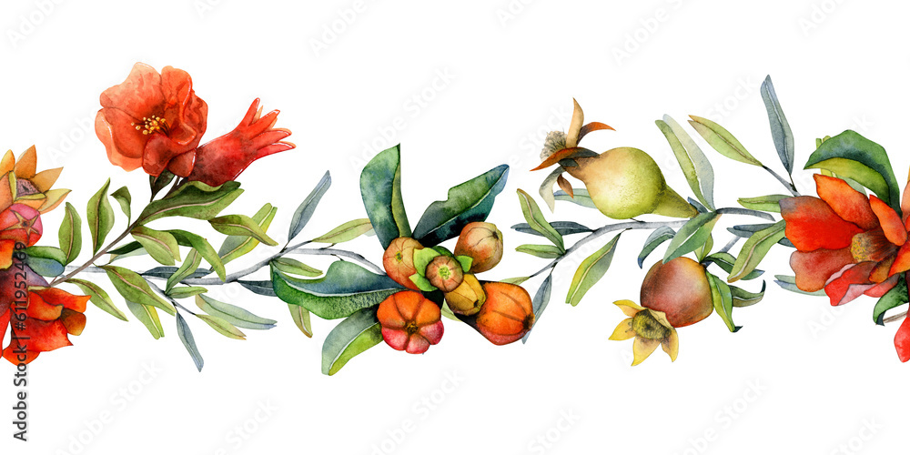 Pomegranate flowers anbd fruits on branches watercolor horizontal seamless banner. Botanical illustration for Rosh Hashanah, natural cosmetic design and web sites
