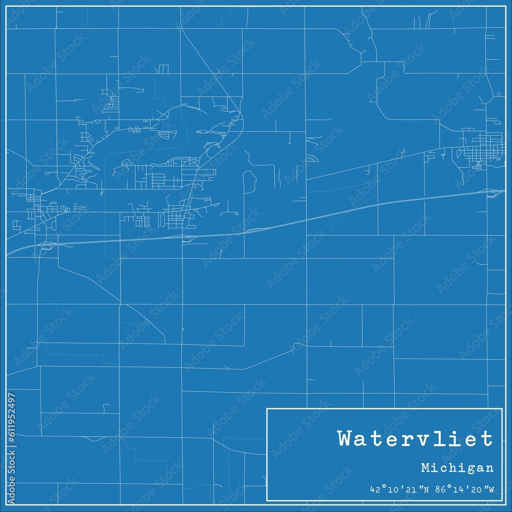 Blueprint US city map of Watervliet, Michigan.