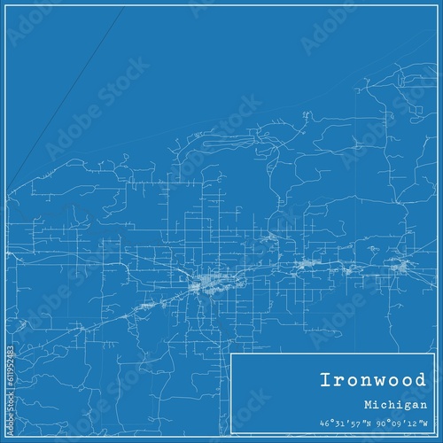 Blueprint US city map of Ironwood, Michigan.