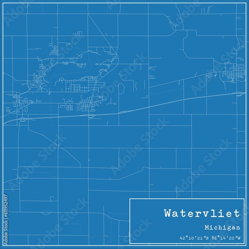 Blueprint US city map of Watervliet, Michigan.