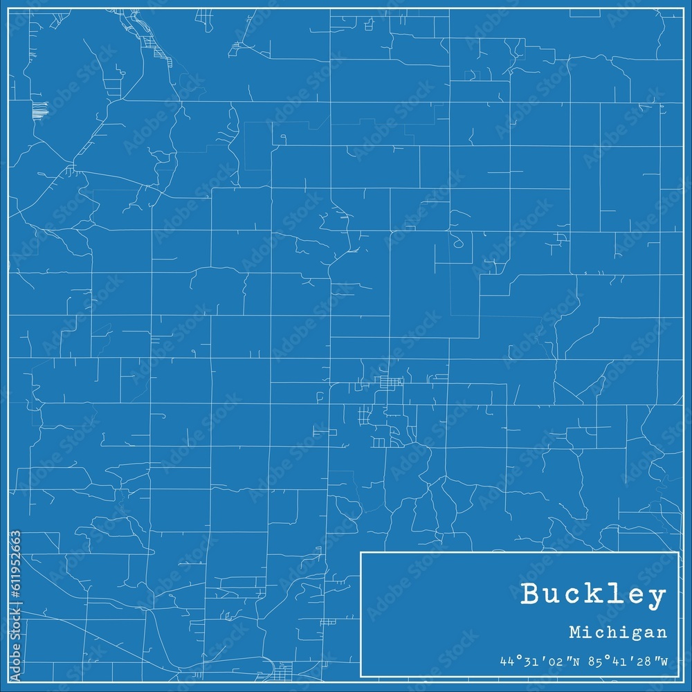Blueprint US city map of Buckley, Michigan.
