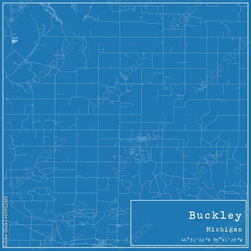 Blueprint US city map of Buckley, Michigan.
