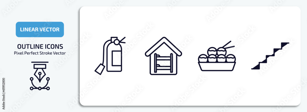 hotel and restaurant outline icons set. hotel and restaurant thin line icons pack included fire extinguisher, hostel, takoyaki, stairway vector. hotel and restaurant outline icons set. hotel and restaurant thin line icons pack included fire extinguisher, hostel, takoyaki, stairway vector.