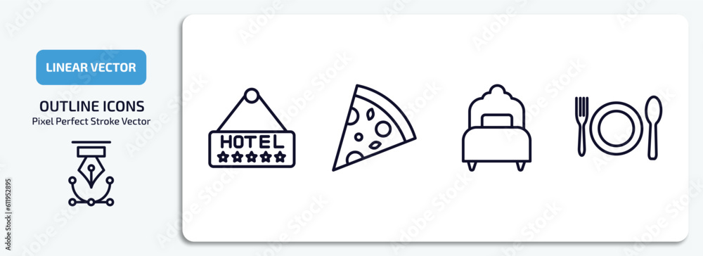 hotel outline icons set. hotel thin line icons pack included hotel, pizza, single bed, food vector.
