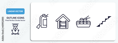 hotel and restaurant outline icons set. hotel and restaurant thin line icons pack included fire extinguisher, hostel, takoyaki, stairway vector.