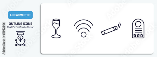 hotel and restaurant outline icons set. hotel and restaurant thin line icons pack included wine glass, free wifi, smoking, door hanger vector.