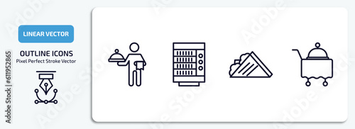 hotel and restaurant outline icons set. hotel and restaurant thin line icons pack included servant, vending hine, sandwich, room service vector.