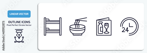 hotel and restaurant outline icons set. hotel and restaurant thin line icons pack included bunk bed, ramen, wine menu, 24 service vector.