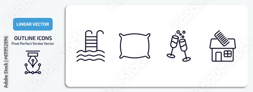 hotel and restaurant outline icons set. hotel and restaurant thin line icons pack included pool, pillow, champagne, barbershop vector.