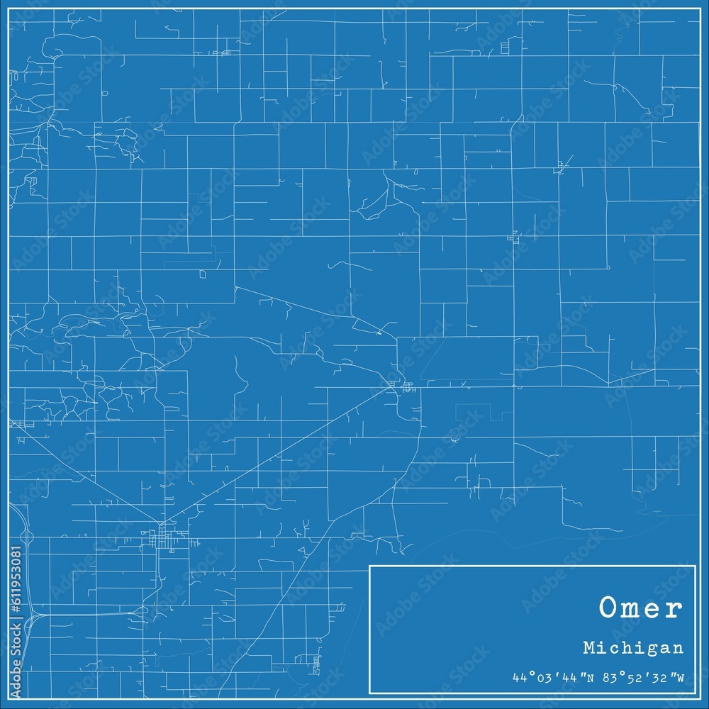 Blueprint US city map of Omer, Michigan.