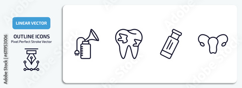 health and medical outline icons set. health and medical thin line icons pack included breast pump, caries, gum, gynecology vector.