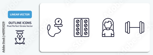 health and medical outline icons set. health and medical thin line icons pack included tonometer, contraceptive pills, girl, gym vector.