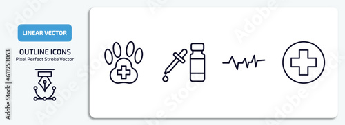 health and medical outline icons set. health and medical thin line icons pack included veterinary, serum, pulse, medical vector.