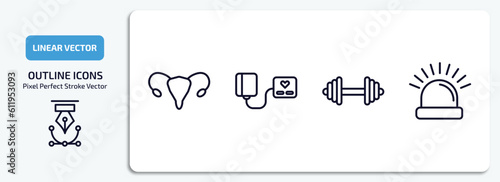 health and medical outline icons set. health and medical thin line icons pack included uterus, blood pressure gauge, dumbbells, emergency vector.