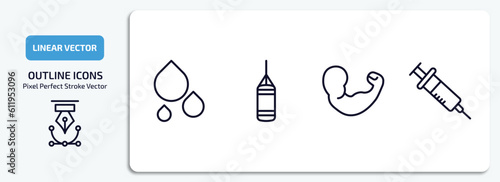 health and medical outline icons set. health and medical thin line icons pack included blood, punching bag, arm, syringe vector.