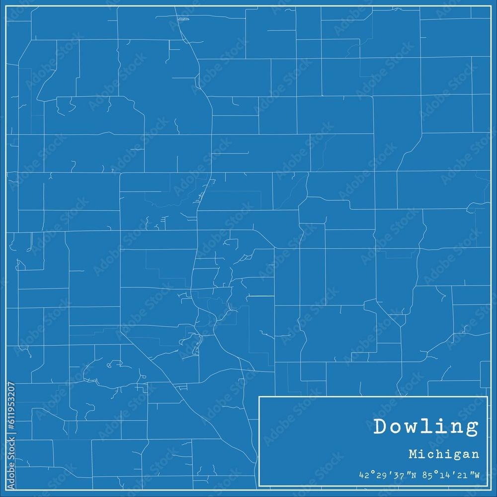 Blueprint US city map of Dowling, Michigan.